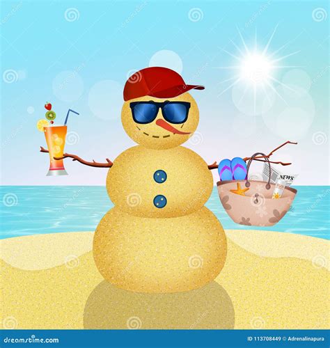 Snowman on the beach stock illustration. Illustration of sand - 113708449