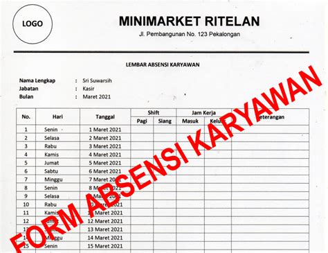 Contoh Form Absensi Karyawan Minimarket Manual per Hari per Karyawan - Ritelan