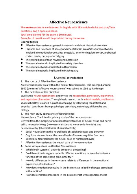 1-3. 85 Affective Neuroscience AND Psychopathology - Affective Neuroscience The exam consists in ...