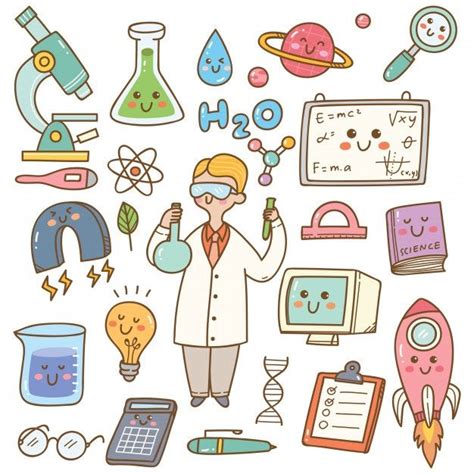 an image of a scientist surrounded by science related items and objects ...