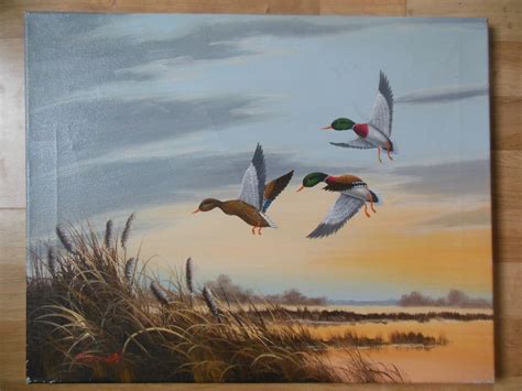 Three Ducks Flying Over a Lake - Oil Painting. | Collectors Weekly