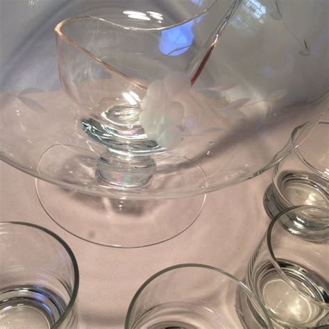 Vintage Etched Crystal Punch Bowl & Ladle With Glasses- Set of 14 | Chairish