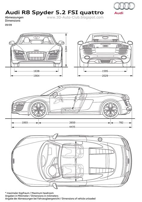 Car blueprints and free 3d models: Blueprint - Audi R8 Spyder 5.2 FSI ...