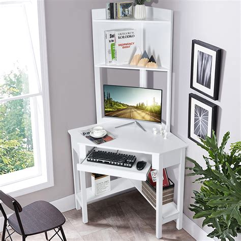 Tangkula White Corner Desk with Hutch, 90 Degrees Triangle Corner ...