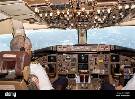 South Africa, The interior of an El-Al Boeing 767 cockpit at take off ...