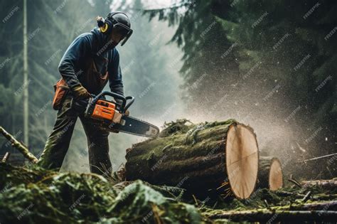 Premium Photo | Man cutting down big trees Timber work equipment Generate Ai