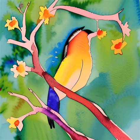 Watercolor Bird Sitting in a Tree · Creative Fabrica