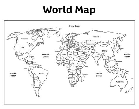 Black and White World Map with Labeled Countries