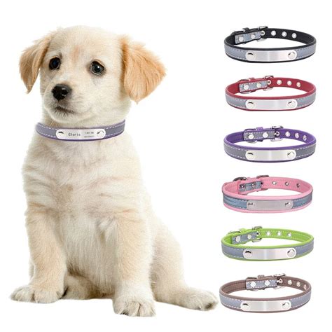 Reflective Leather Personalized Engraved Dog Collar Custom Puppy Cat ...