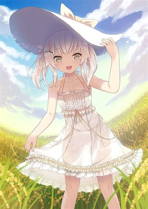 HD wallpaper: anime, anime girls, field, dress, white dress, looking at viewer | Wallpaper Flare