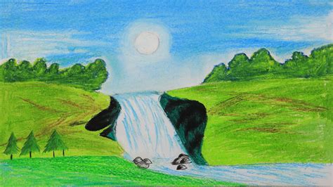 How to Draw a scenery of Stream Waterfall step by step with oil pastel | oil pastel, waterfall ...