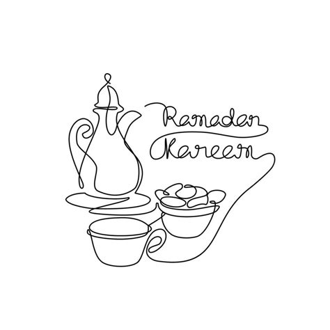 One continuous line drawing of food and drink for iftar Ramadan celebration. arabian food in ...