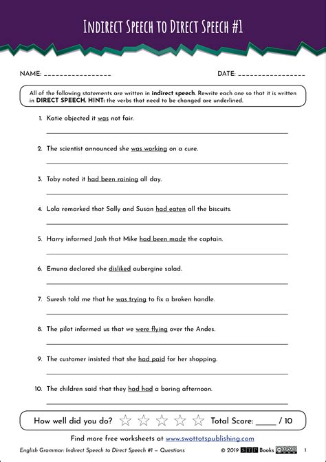 Direct And Indirect Speech Worksheets With Answers Class 8 - Printable Online