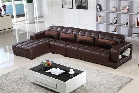 L Shaped Deep Brown Leather couch Leather Leisure Sofa Set-in Living ...