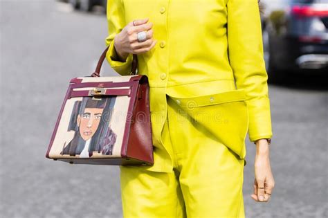 Paris, France - October, 1: Woman Wearing Brown Leather and Beige Fabric Handpainted Handbag ...