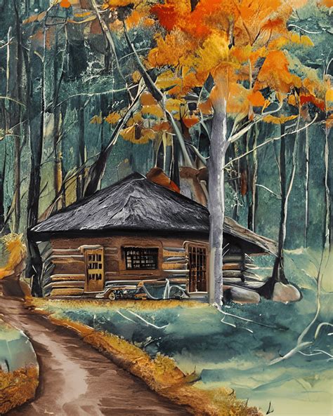 Beautiful Log Cabin in the Forest Autumn Painting · Creative Fabrica