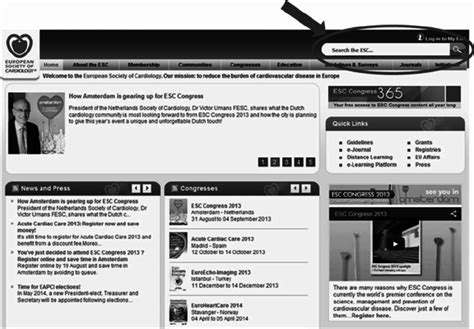 European Society of Cardiology (ESC) website landing page. The search ...