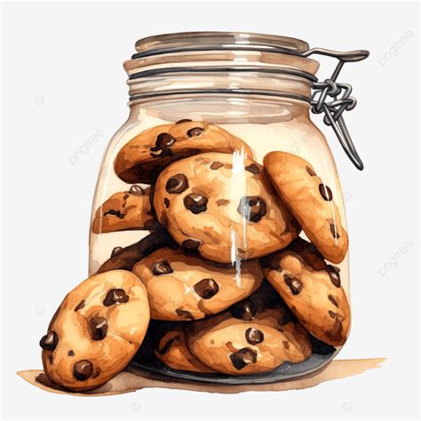 Chocolate Chip Cookies In Jar Watercolor Clipart Ai Generated, Chocolate Chip, Cookies, Glass ...