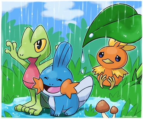 torchic, mudkip, and treecko (pokemon) drawn by rorosuke | Danbooru