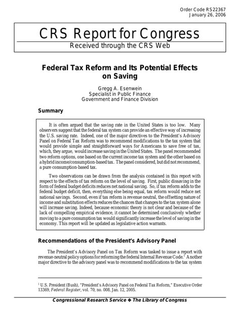 Federal Tax Reform and Its Potential Effects on Saving - EveryCRSReport.com