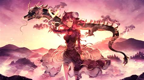 #4594399 pink hair, phoenix, landscape, dragon, anime, Touhou, Ibaraki Kasen, bandage, dress ...