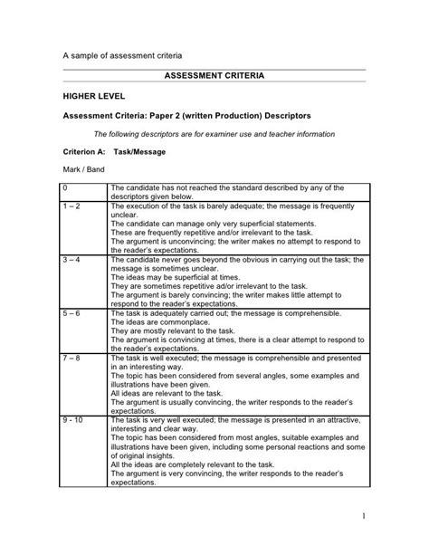 A sample of assessment criteria