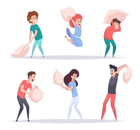 Premium Vector | Pillow fighting people attraction home fun playing with pillows cute friendship ...