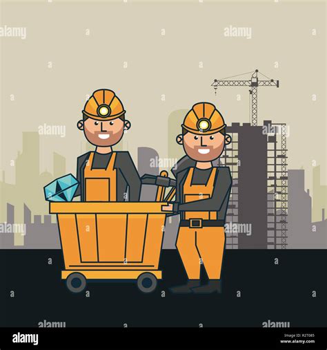 Mining workers with diamond inside cart wagon on mine zone scenery vector illustration graphic ...