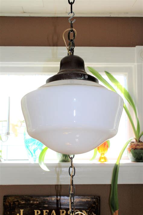 Vintage Schoolhouse Light Swag Lamp Milk Glass Shade Rustic Farmhouse