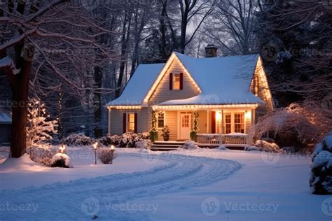 Photo of house decorated for Christmas under the snow. Generative AI 26805071 Stock Photo at ...