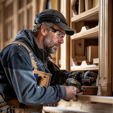 A man with a hat that says quot he is working on a wooden piece of furniture quot | Premium AI ...