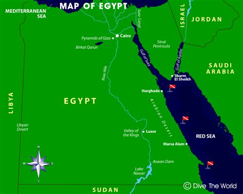 Map of Egypt: Cairo, Luxor, Red Sea, Hurghada, Sharm El Sheikh, Marsa Alam - Dive The World