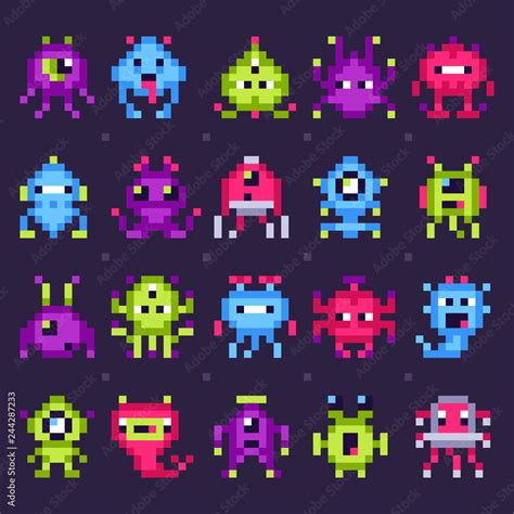 Pixel space monsters. Arcade video games robots, retro game invaders pixel art isolated vector ...