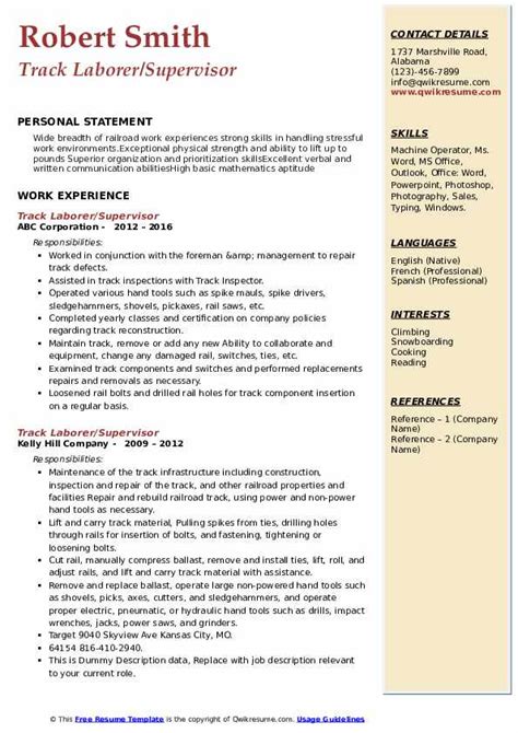 Track Laborer Resume Samples | QwikResume