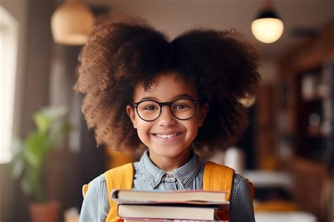 Premium AI Image | Funny smiling Black child school girl with glasses ...