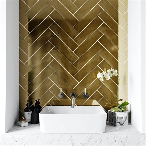 British Ceramic Tile Metallic gold wall tile 75mm x 300mm | VictoriaPlum.com