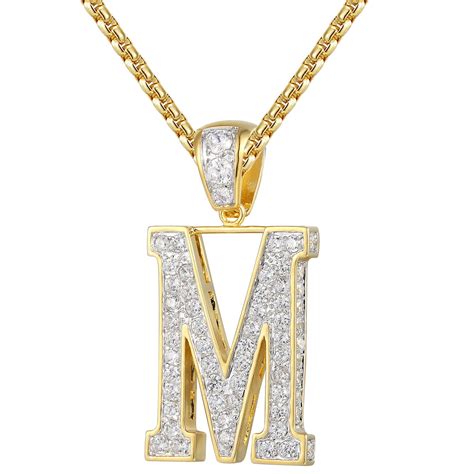 Master Of Bling - Initial M Pendant Letter Gold Finish Simulated Diamond 24 Inch Tennis Necklace ...