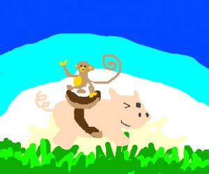 baby monkey riding backwards on a pig - Drawception