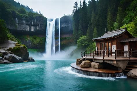 Premium AI Image | a cabin sits in front of a waterfall.