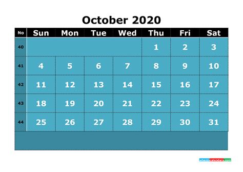 Printable October 2020 Calendar Template Word, PDF