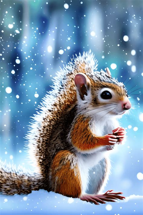 Cute Fantasy Adorable Illustration Graphic Baby Squirrel Playing with Snow in Winter Forest ...