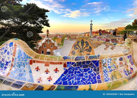 Barcelona, Spain: Park Guell. View of the City from Park Guell in Barcelona Sunrise Editorial ...