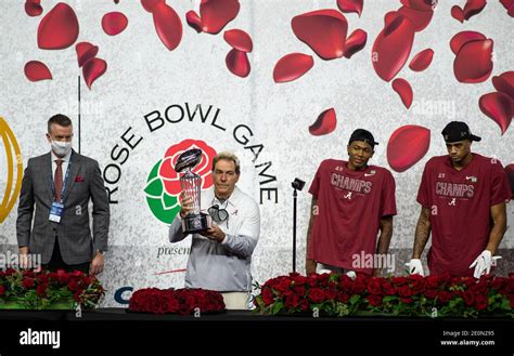 Arlington, Texas, USA. 1st Jan, 2021. Alabama Head Coach ''NICK SABAN'' raising the Rose Bowl ...