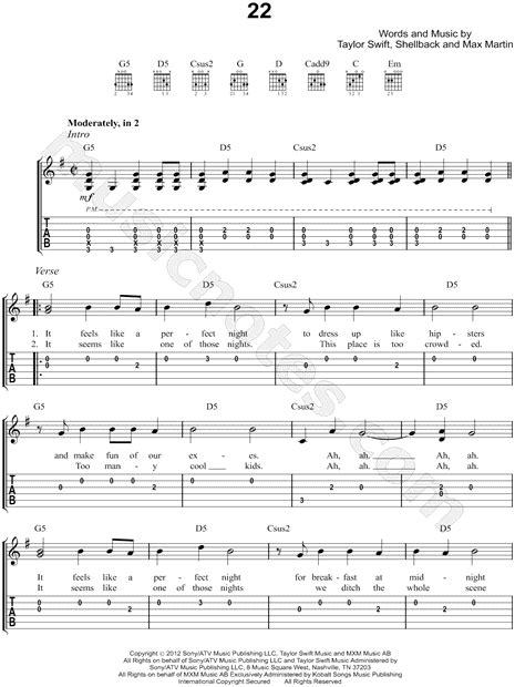 Taylor Swift "22" Guitar Tab in G Major - Download & Print - SKU: MN0116678