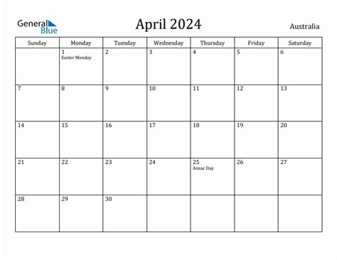 April 2024 Monthly Calendar with Australia Holidays