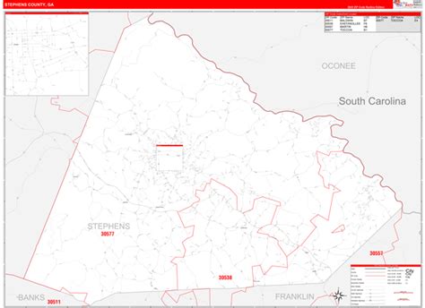 Stephens County, GA Zip Code Wall Map Red Line Style by MarketMAPS