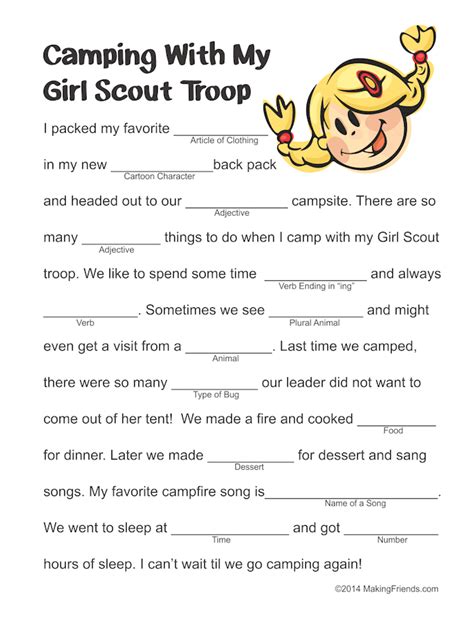 Girl Scout Camping Mad Lib | Girl scout activities, Girl scout camping ...