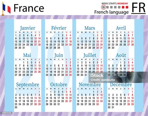 French Horizontal Pocket Calendar For 2024 Week Starts Monday Stock Illustration - Download ...