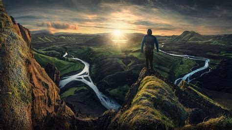 Man standing on a cliff illustration, nature, landscape, mountains ...