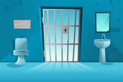 Prison cell interior with lattice, grid door, toilet bowl, washbasin and broken mirror, dirty ...